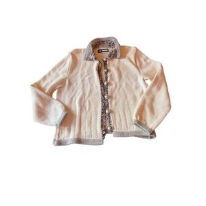 Ani Barrie Cardigan Cream Cotton Button Front Collared Knit Sweater USA Made M